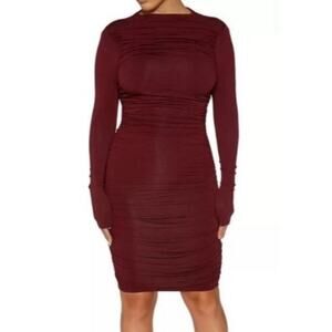 naked wardrobe Ruched Long Sleeve Open Back Mini Dress - Wine Size S